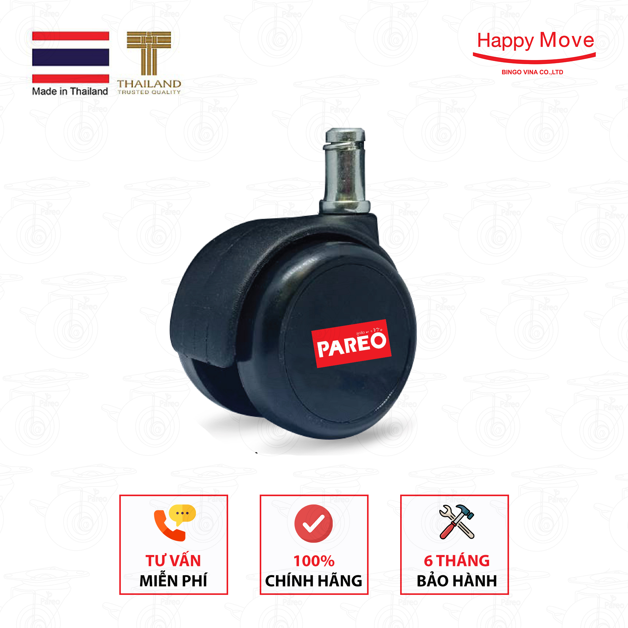 Bộ 5 bánh xe cọc vít trơn 50mm cho ghế/bàn xoay văn phòng nội thất - tải 40kg - màu đen - Happy Mobe Thái Lan