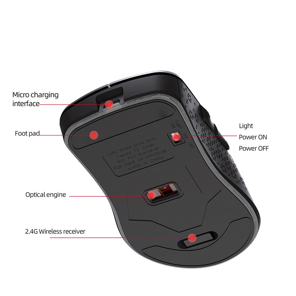 Chuột không dây có thể sạc lại YWYT 2.4G với bộ thu USB Chuột không dây BT 5.1 3 mức DPI có thể điều chỉnh / 6 nút