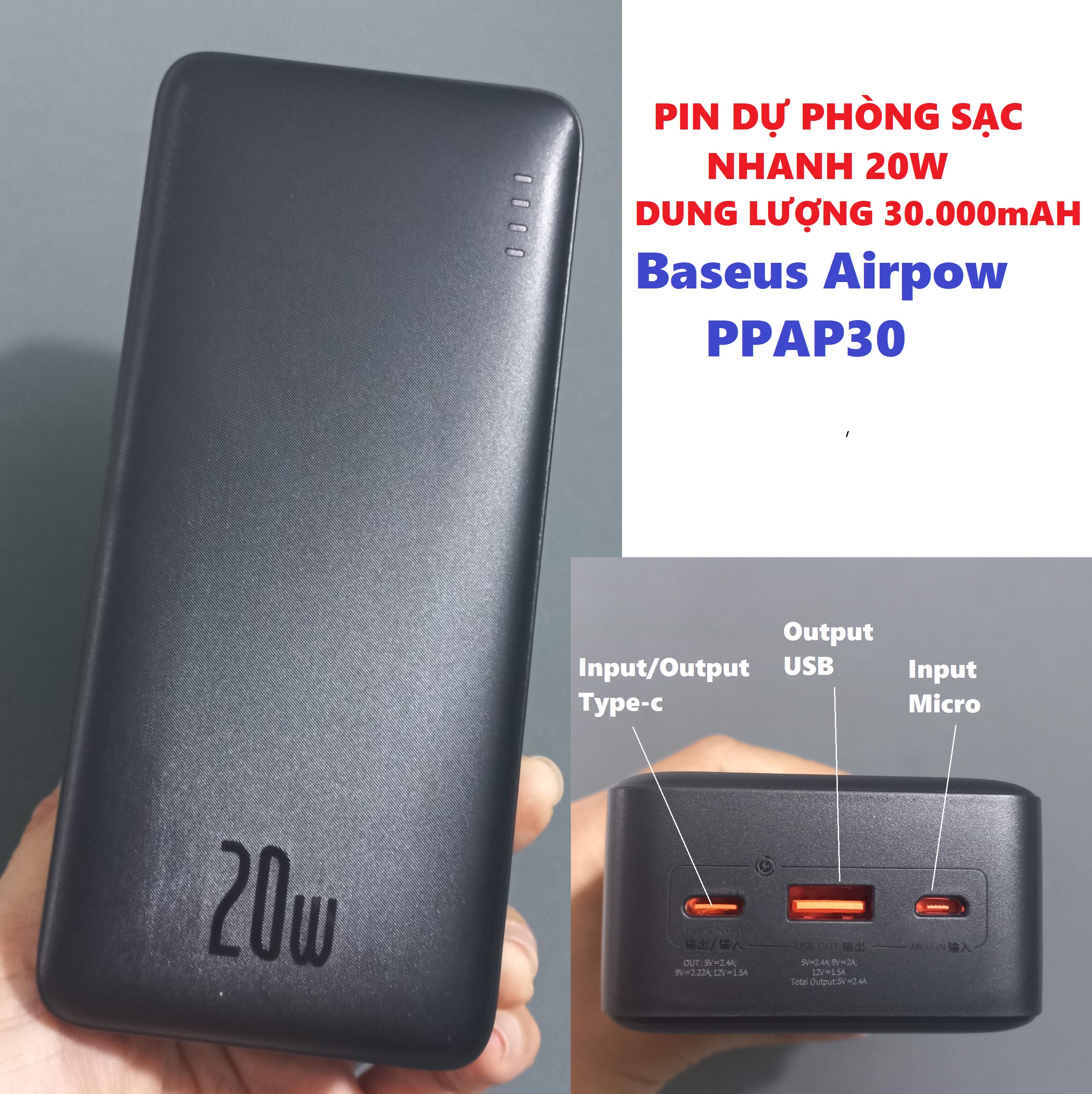 Pin dự phòng sạc nhanh PD 20W dung lượng 30.000mAh Baseus Airpow PPAP30 _ Hàng chính hãng