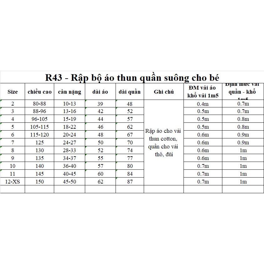 Rập giấy A0 bộ áo thun quần suông mã R43 cho bé