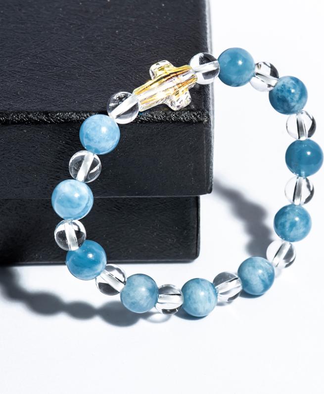 Vòng Chuỗi Mân Côi Hải Lam ngọc 08mm mix thạch anh trắng và Thánh Giá pha lê AQUA02 - VIETGEMSTONES