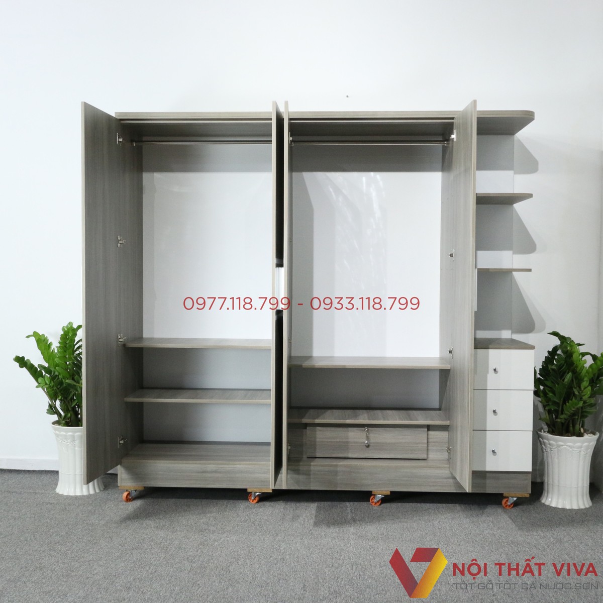 Tủ Quần Áo 4 Cánh Có Kệ Trang Trí Gỗ MDF Phủ Melamine Màu Sọc Xám Đẹp