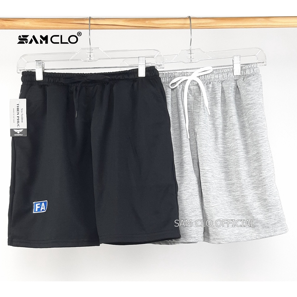 Quần đùi SAM CLO - Quần short nam nữ freesize dáng rộng chất thun trơn da cá phong cách Hàn Quốc THÊU CHỮ FA