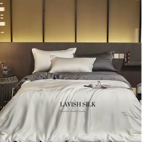 Trọn Bộ Ga Gối Lụa Kèm Chăn Sẵn Ruột + Tặng Bộ Quà Tặng Lavish Silk Cao Cấp - Trắng Mix Xám Đậm