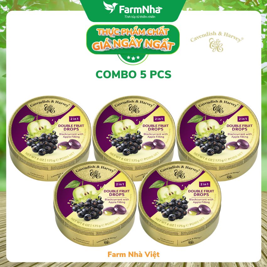 (Combo 5 hộp) Kẹo trái cây Cavendish & Harvey vị BLACKCURRANT WITH APPLE FILLING 175gr nhân siro - Vị ngon tự nhiên tuyệt vời từ Đức