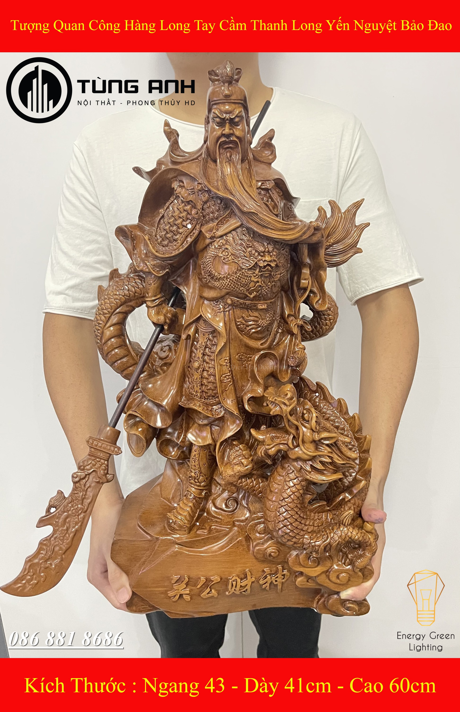Tượng Quan Công Hàng Long Tay Cầm Thanh Long Yển Nguyệt Bảo Đao PT-22 - Mang Lại Sự May Mắn ,Tài Lộc,Bình An - Cao 60cm - Có Video