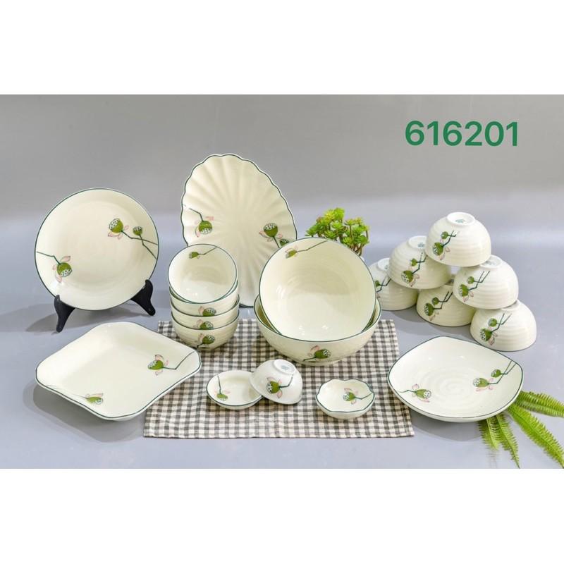 Set bộ bát đĩa họa tiết hoa- đài sen. Gốm sứ Bát Tràng.