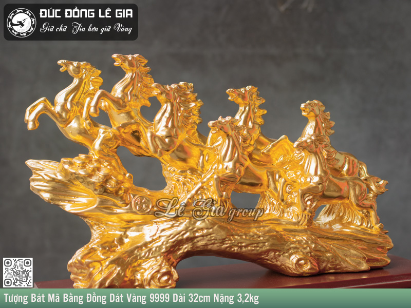 Tượng Bát Mã Bằng Đồng Dát Vàng 9999 Dài 32cm