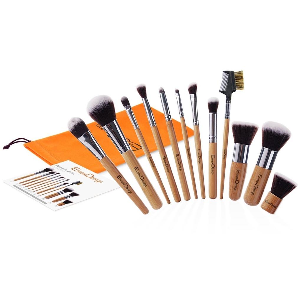 TÚI 12 CỌ TRANG ĐIỂM CHUYÊN NGHIỆP - SỢI KABUKI - CÁN TRE EmaxDesign 12 Pieces Makeup Brush Set Professional