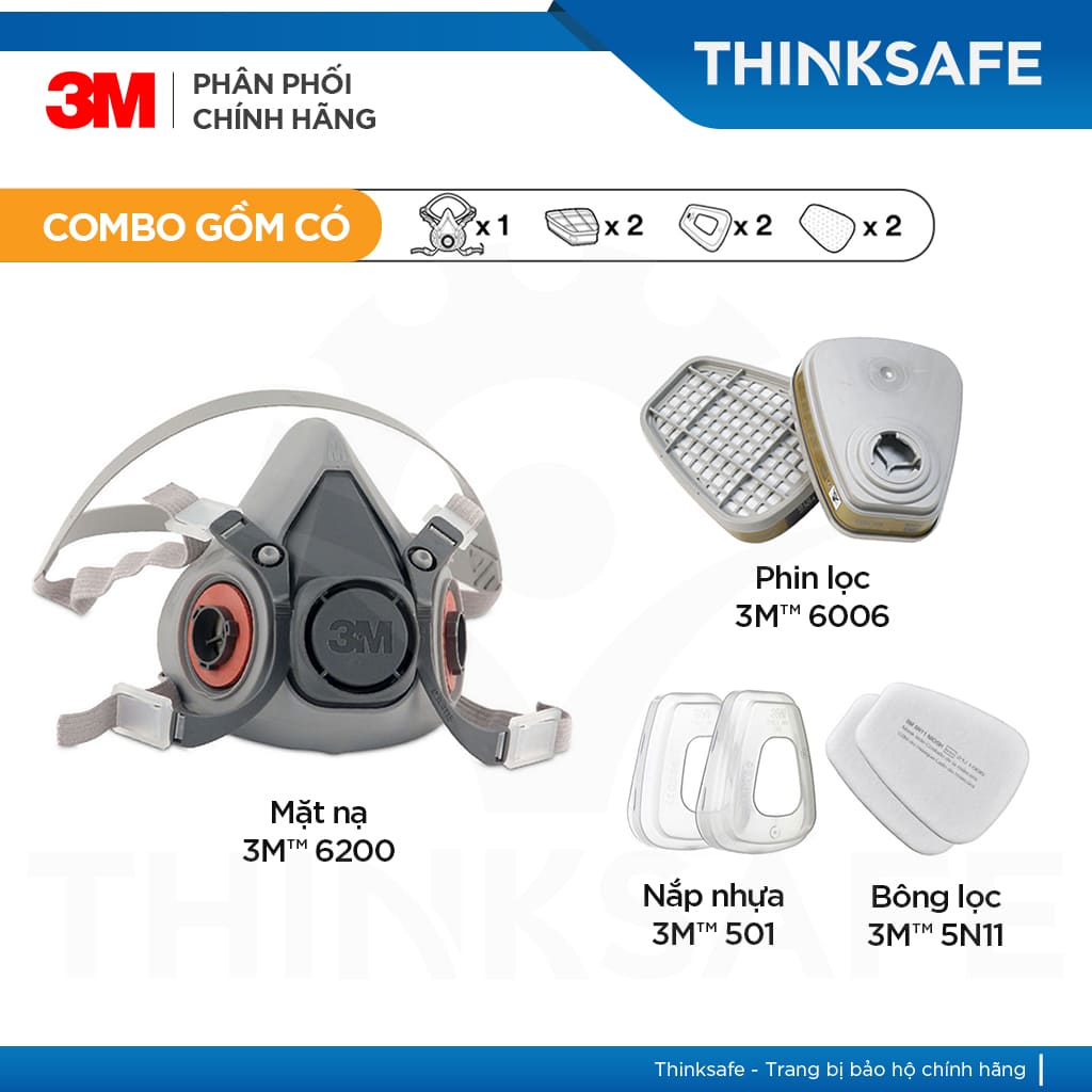 Mặt nạ phòng độc 3M 6200 bộ 7 món sử dụng phin 3M 6006 - mặt nạ phòng dịch, chống bụi, chống độc phun sơn hàn xì - lọc hơi vô cơ, hữu cơ- Axit