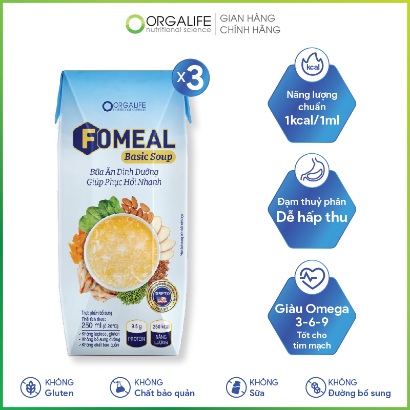 Lốc 3 hộp thực phẩm dinh dưỡng Fomeal Basic Soup 250ml/hộp - Bữa ăn thay thế, giúp người bệnh phục hồi nhanh chóng