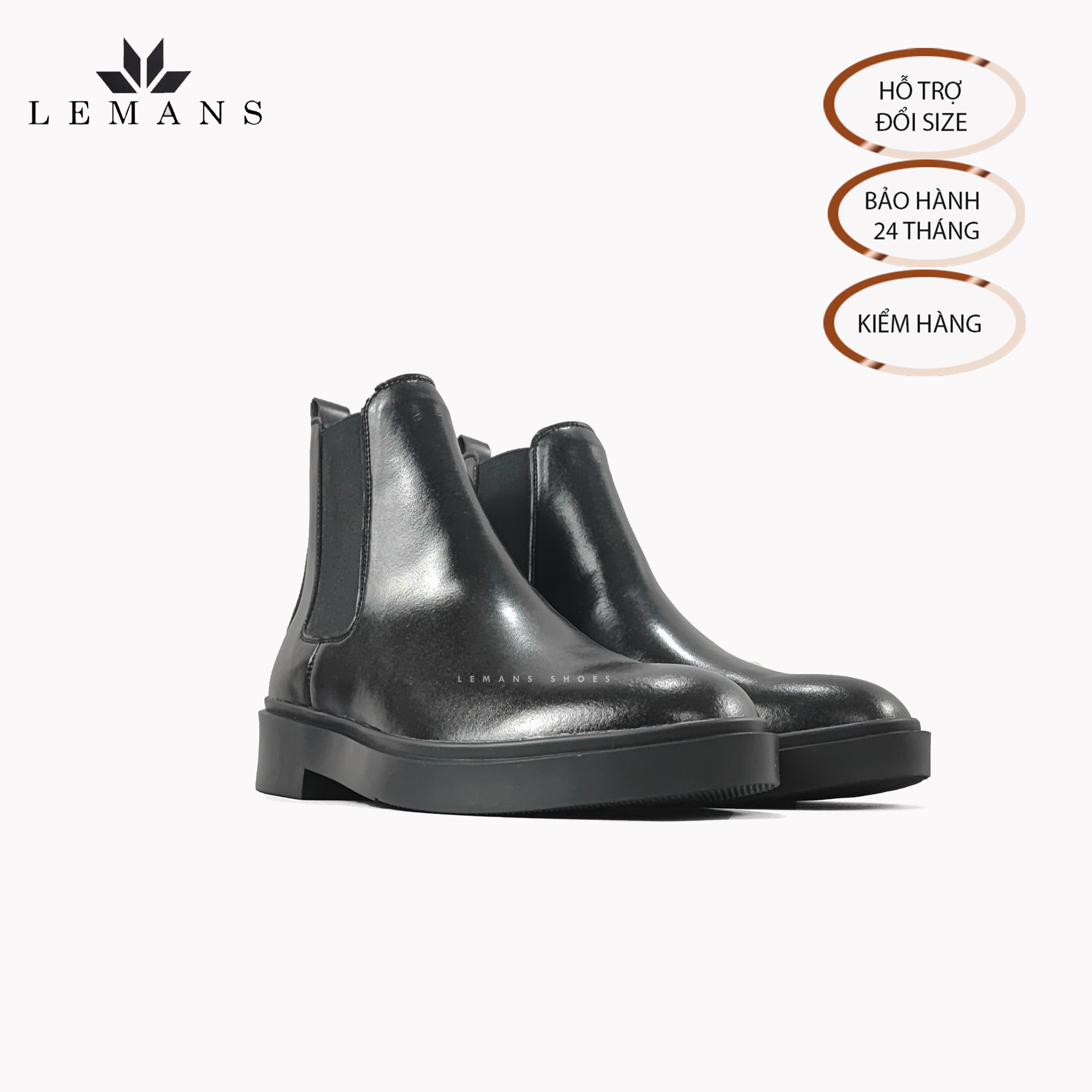 Giày da bò Chelsea Boots Black LEMANS CB66, đế lemans cao 4cm, boot nam chelsea boot nam, bảo hành 24 tháng
