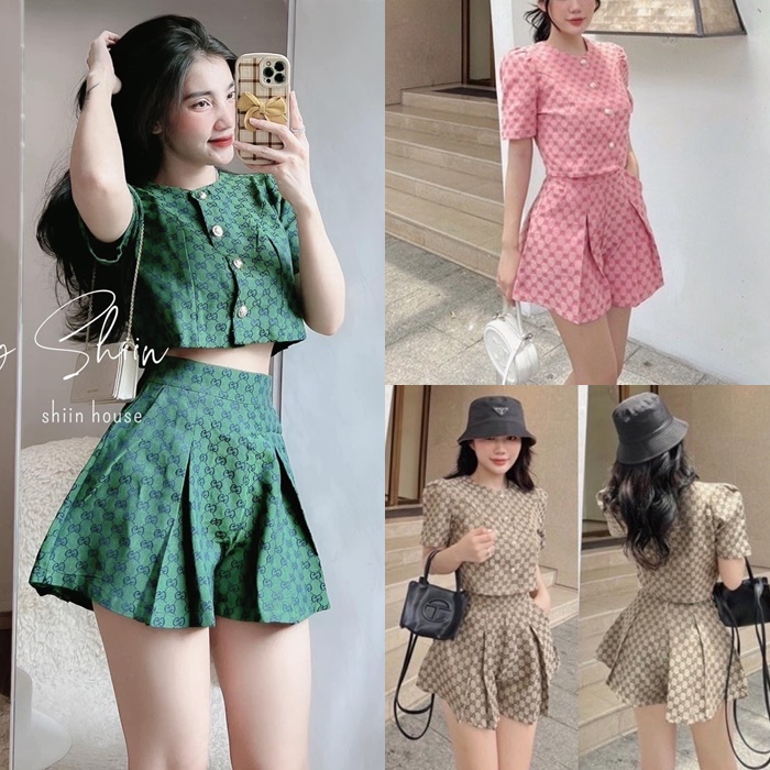 SET ÁO CROPTOP SƠ MI SUÔNG KHÔNG CỔ HỌA TIẾT + QUẦN GIẢ VÁY NGẮN XÒE XẾP LY LƯNG CAO ỐNG RỘNG DẠO PHỐ DỰ TIỆC ĐI BIỂN