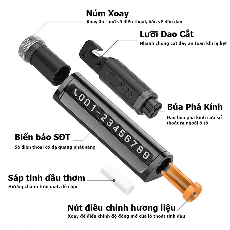 DỤNG CỤ AN TOÀN TRÊN XE Ô TÔ 4IN1 - Biển báo số - Búa phá kính khẩn cấp - Dao cắt dây an toàn - Sáp thơm