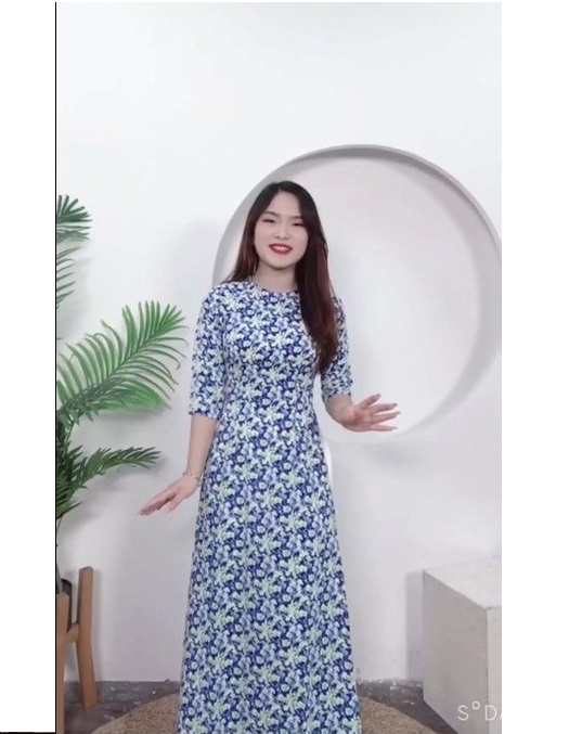 Áo dài hoa nhí xanh nhẹ nhàng thanh lịch-D06