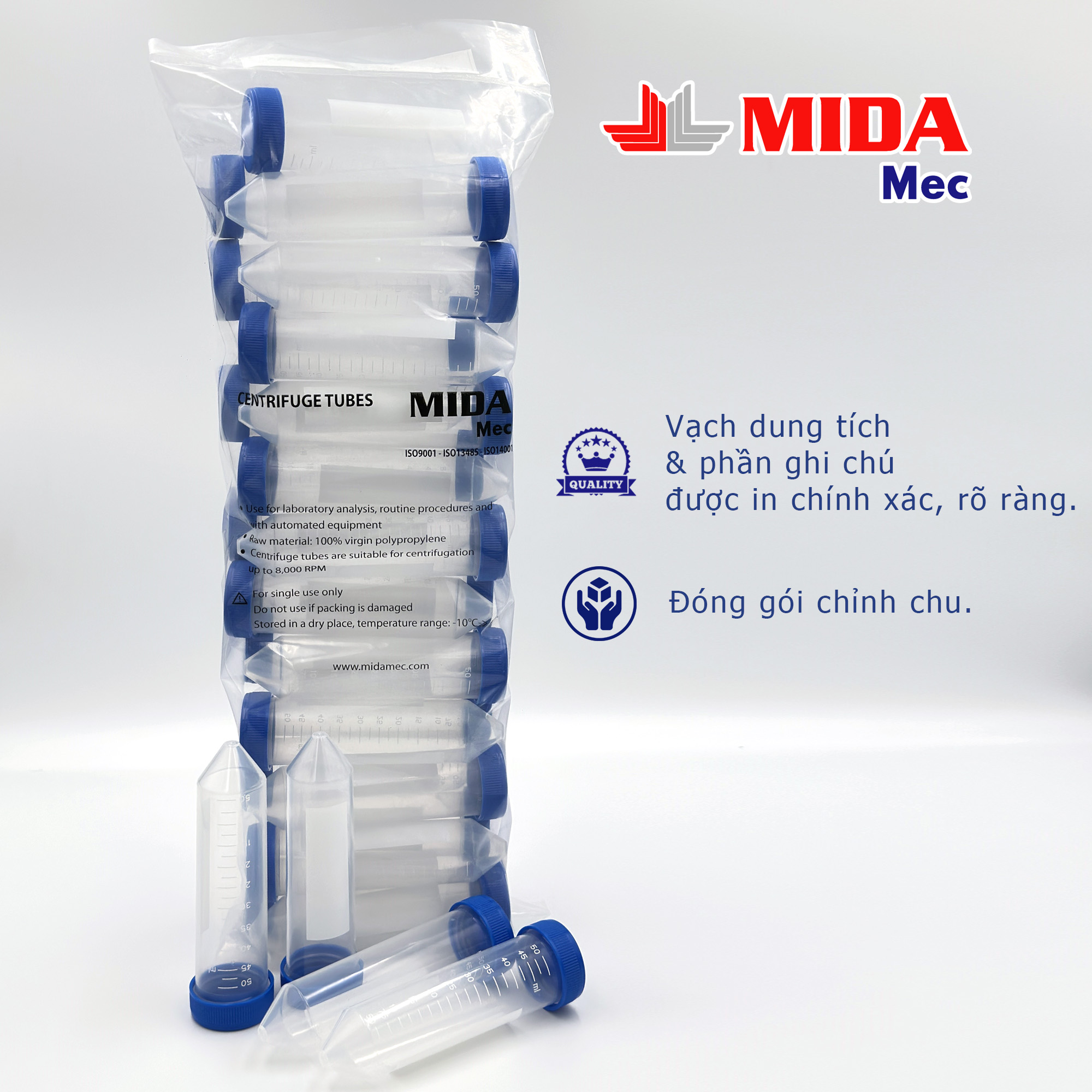 Ống ly tâm 50ml Mida Mec nắp rời đóng gói 25 cái/bao