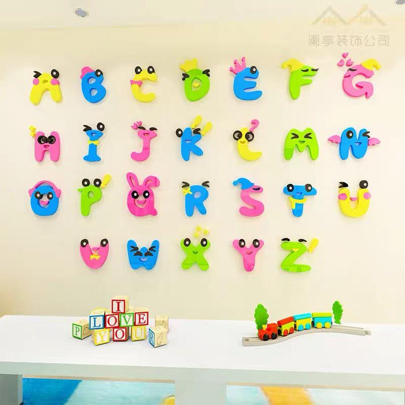 Decal dán tường mica 3D bảng chữ số sắc màu Tiếng Anh, đề can dán lớp học mầm non