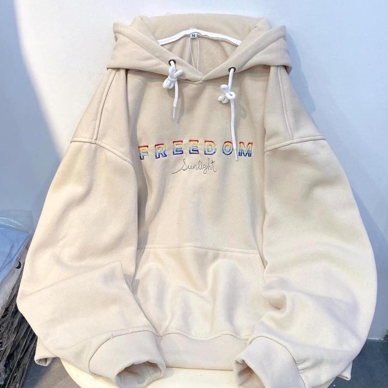 Áo Hoodie Nỉ Lót Bông form rộng chữ thêu FREEDOM màu kem unisex