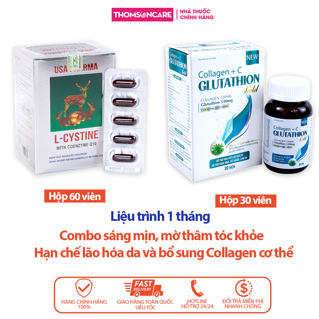 Combo viên uống trắng da Lcystine 60v, Glutathion 30v -Giúp cải thiện suy giảm nội tiết tố, tóc chắc khỏe , giảm lão hóa giúp da căng mịn, Bổ sung collagen và chất chống Oxy hóa - Thomsoncare