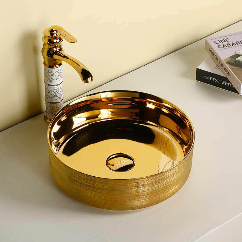 Chậu sứ lavabo để bàn kiểu tròn màu vàng óng phong cách hoàng gia
