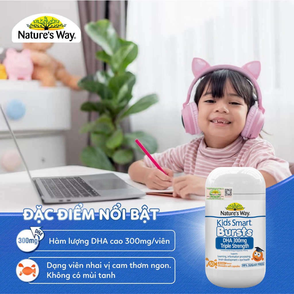 Viên Nhai DHA Cho Bé Nature's Way Kids Smart DHA 300mg Triple Strength (50 viên)