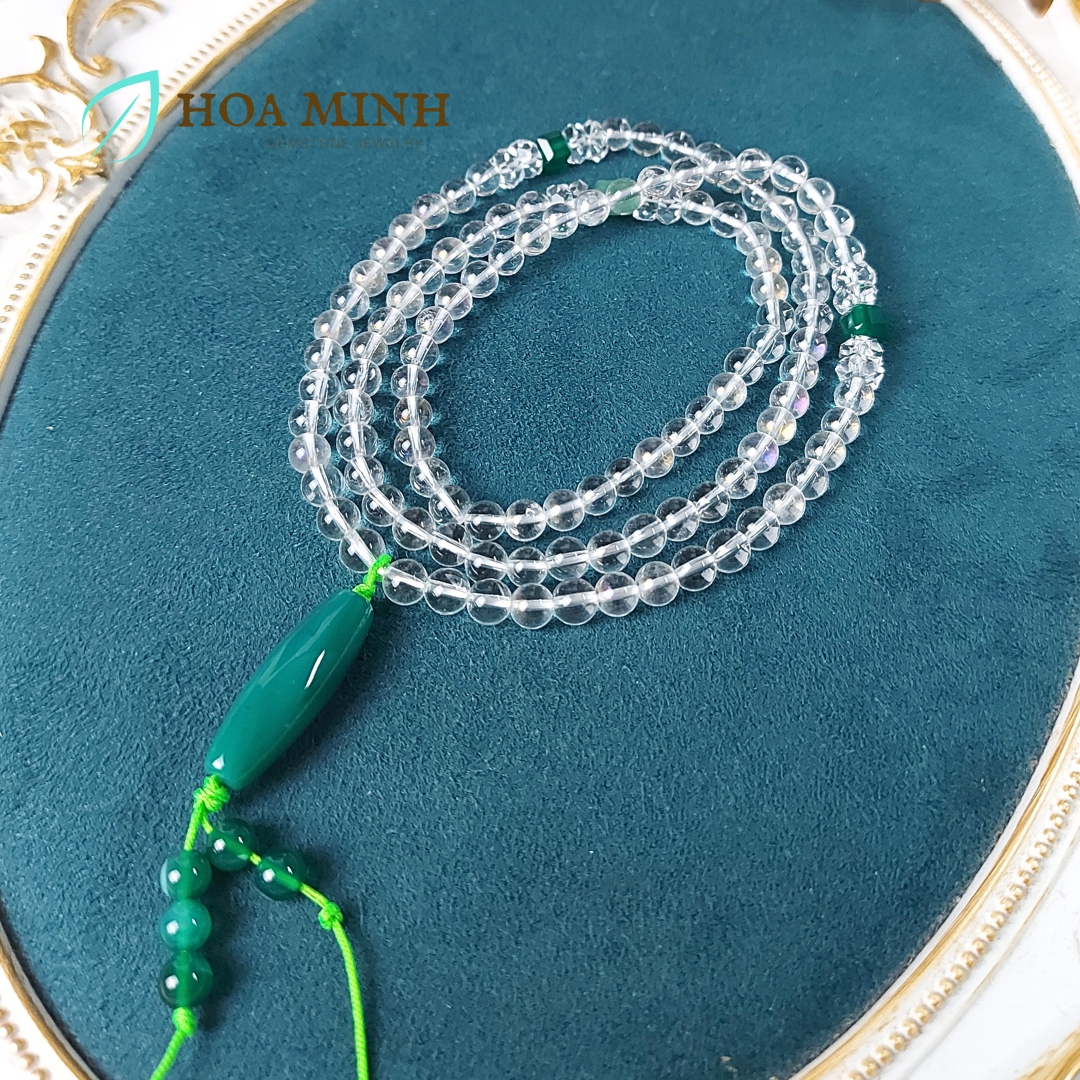 Chuỗi 108 hạt đá Thạch Anh Trắng trong trẻo size 6mm phối viên Thạch Anh Aventurine Mã Não xanh