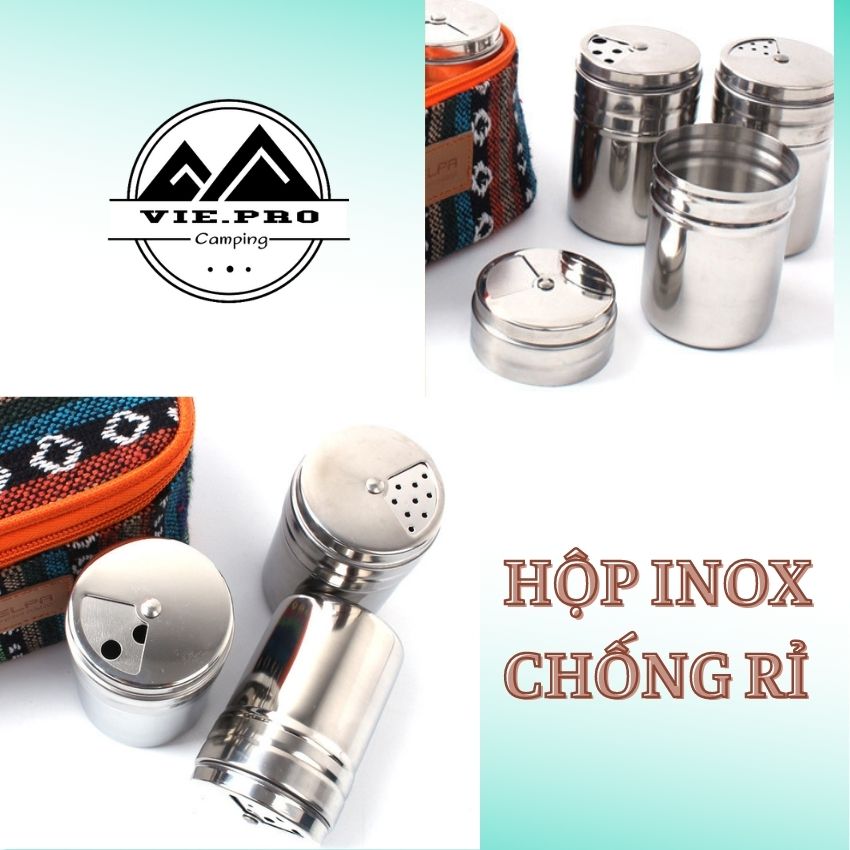 Hộp Đựng Gia Vị inox 6 Lọ Gia Vị Dụng Cụ Nhà Bếp Kèm Túi Đựng Tiện Mang Đi Cắm Trại Du Lịch Ngoài Trời VIEORO-18