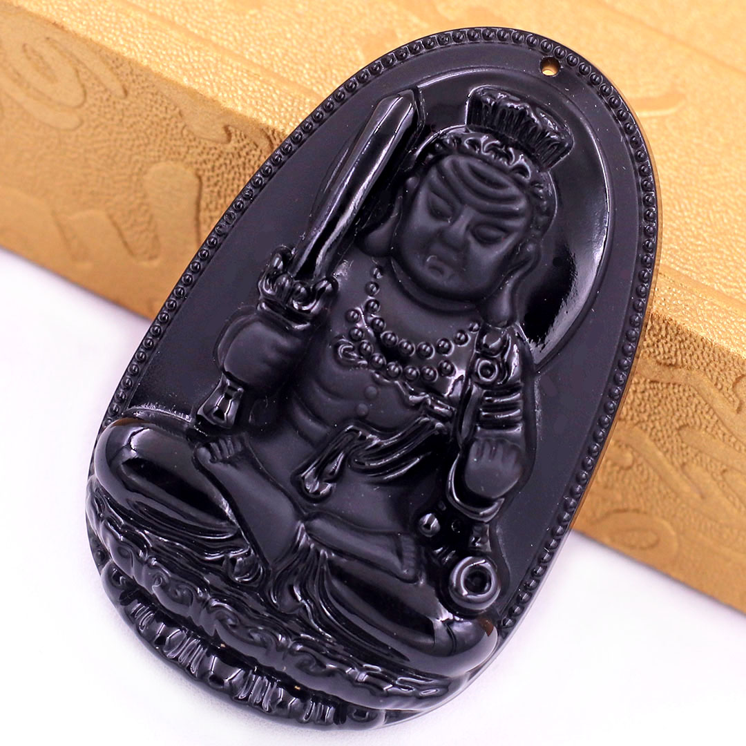 Mặt Phật Bất động minh vương đá thạch anh đen 3.6 cm kèm móc và dây chuyền inox, Mặt Phật bản mệnh
