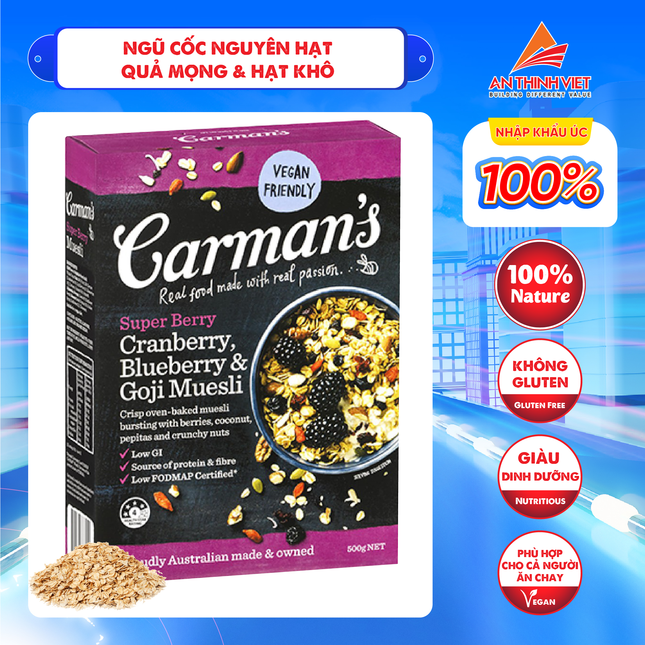 Ngũ Cốc Nguyên Hạt Nam Việt Quất, Việt Quất &amp; Kỷ Tử Carman's - Super Berry Muesli Hộp 500g