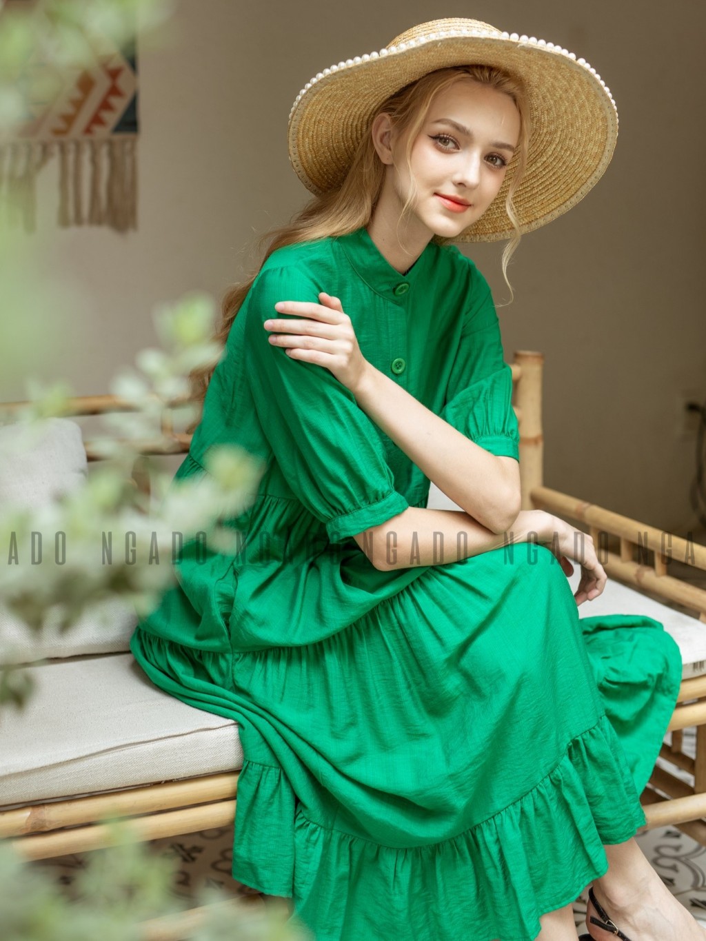 Đầm xanh lá tay lửng NGADO