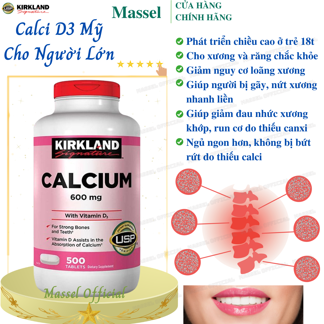 Canxi Vitamin d3 cho người lớn Kirkland giúp xương, răng chắc khỏe, ngừa loãng xương, giảm nhức mỏi khi vận động - Massel Official -500 viên/hộp