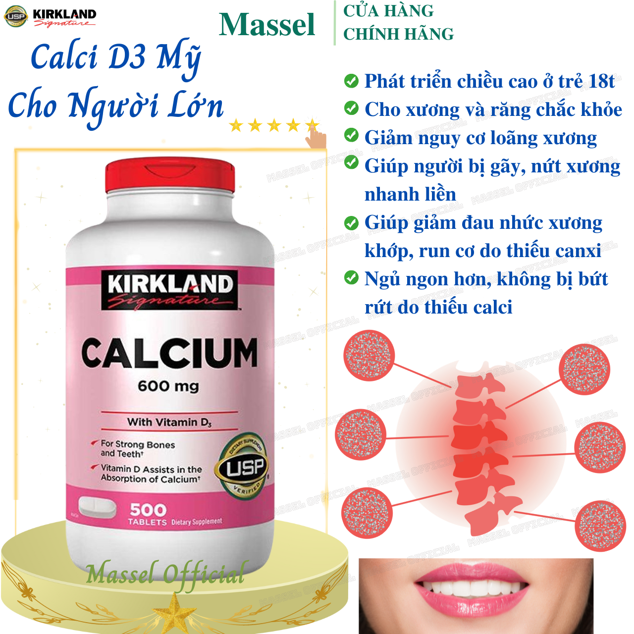 Canxi (Calcium) Vitamin d3 cho người lớn Kirkland giúp xương, răng chắc khỏe, ngừa loãng xương, giảm nhức mỏi khi vận động - Massel Official -500 viên/hộp