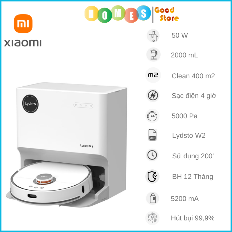 Robot Hút Bụi Lau Nhà Thông Minh XIAOMI Lydsto W2, Tự Động Giặt Giẻ, Đổ Rác, Sấy Khô, Diệt Khuẩn Ozone 99,9%, Tự Động Bơm Nước, Diện Tích Hoạt Động 200m2, Công Suất 50W - Hàng Chính Hãng