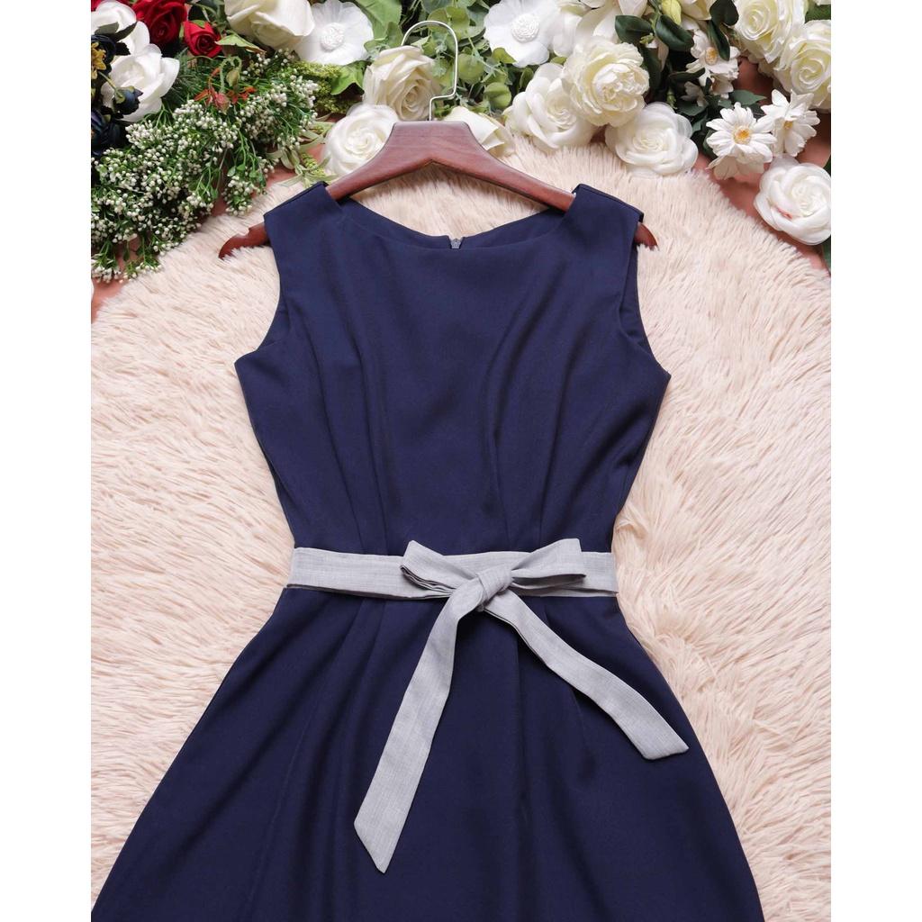 Đầm xòe công sở thiết kế thời trang xanh đen trẻ trung eo thắt nơ tôn dáng hợp đi làm đi chơi