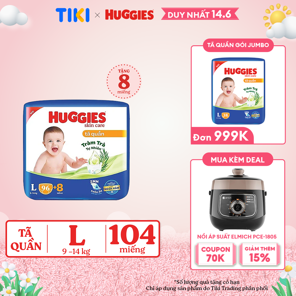 Tã/bỉm quần Huggies Skin Care Mega Jumbo L96+8 miếng với tràm trà dịu da
