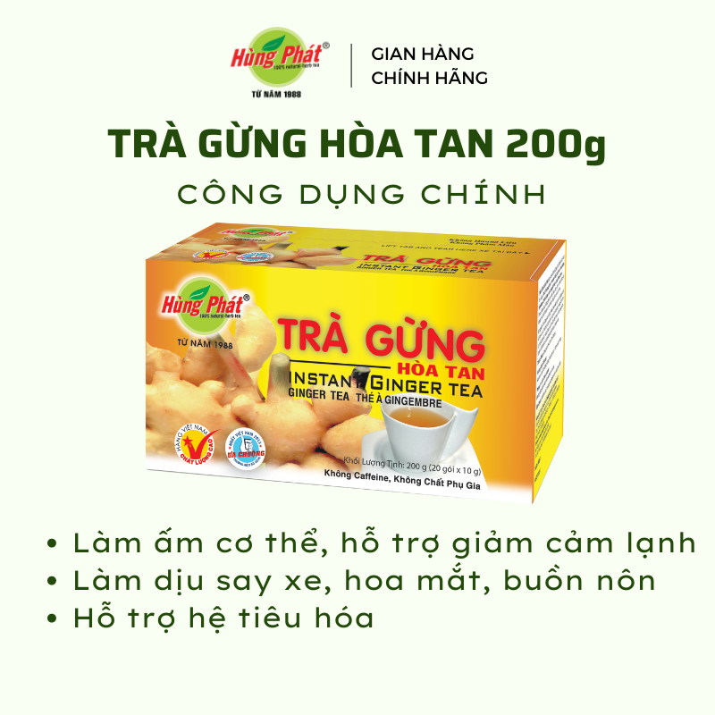Trà Gừng Hòa Tan Tiện Lợi Hỗ Trợ Cải Thiện Sức Khỏe Tiêu Hóa Ấm Bụng Hộp 200g- Hùng Phát Thương Hiệu 35 Năm