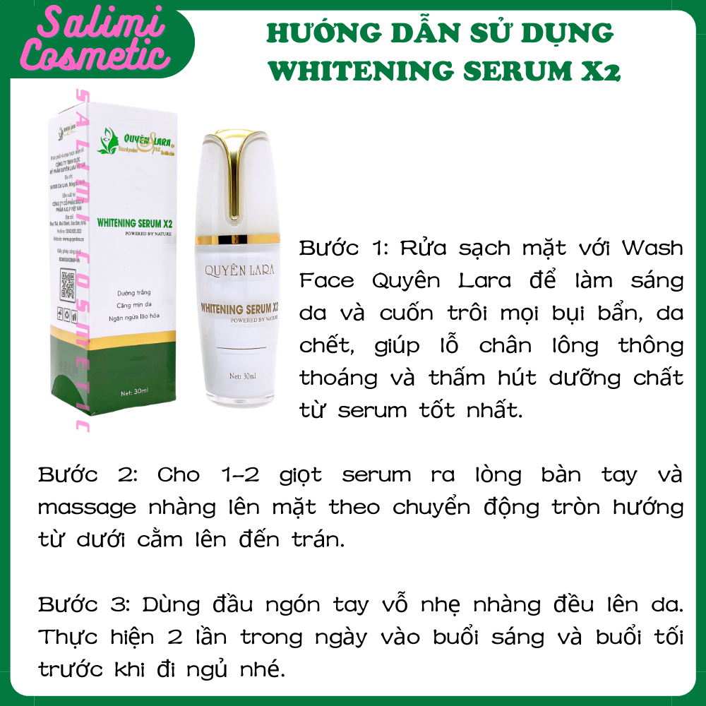 Serum Tái Tạo Da WHITERNING SERUM X2 Quyên Lara - Giúp Dưỡng Trắng Da, Căng Mịn Da, Giữ Ẩm, Ngăn Ngừa Lão Hóa, Phục Hồi Cấu Trúc Da | Dung Tích 30ml - HÀNG CHÍNH HÃNG