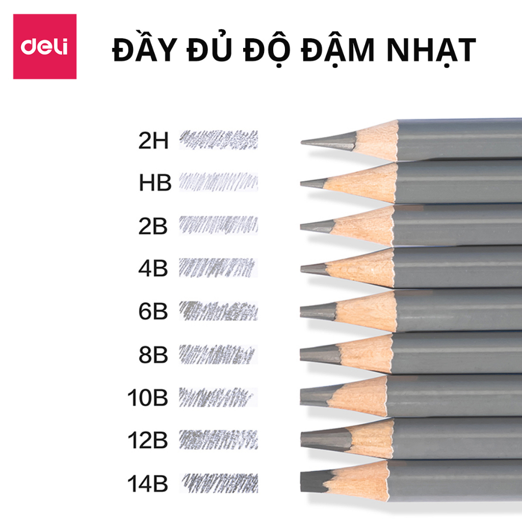 Combo 16 Bút Chì Phác Thảo Chuyên Nghiệp Deli dòng cao cấp NUsign - HB 2H 2B 4B 6B 8B 10B 12B 14B - Lõi Than Chì, Vẽ Mịn, Không Dễ Gãy - Vẽ Tranh, Họa Chân Dung