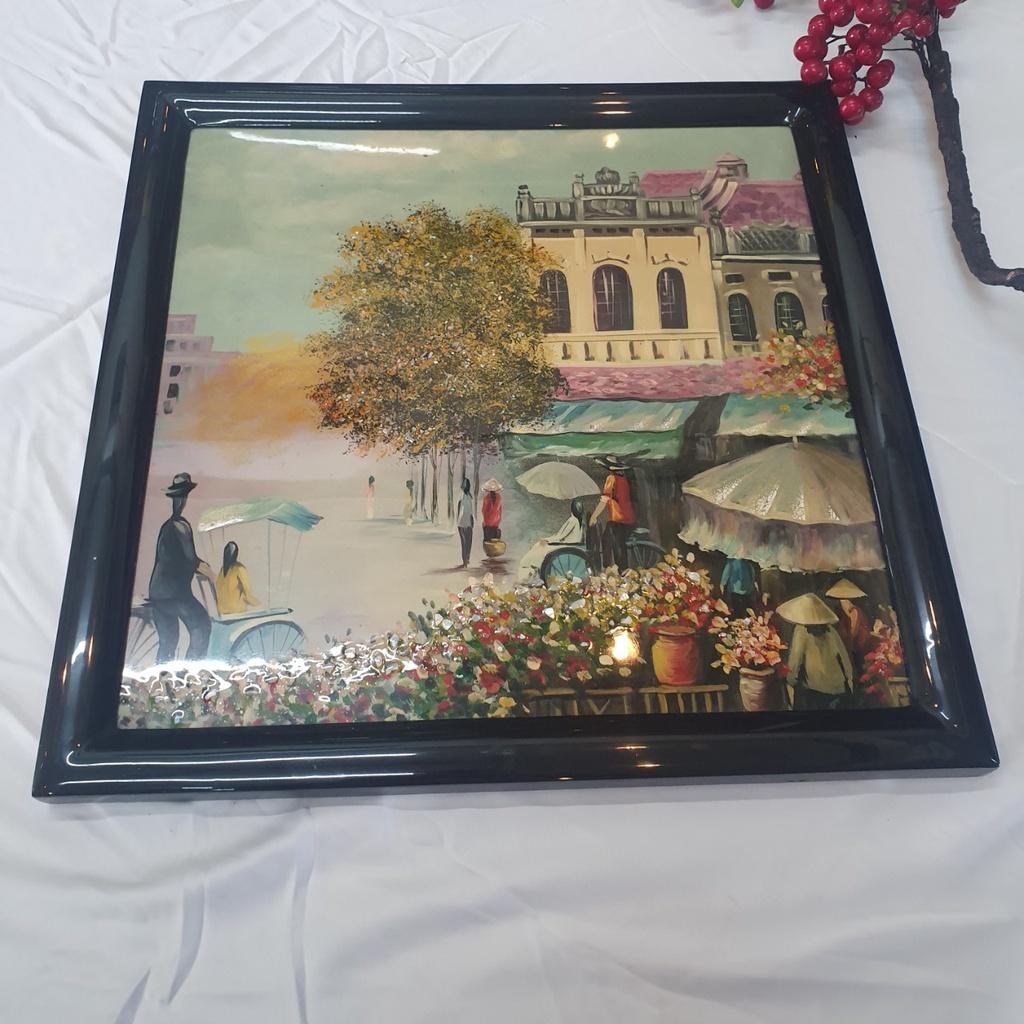 Tranh sơn mài vẽ có khảm trứng cao cấp Thanh Bình Lê size 45x45 cm treo tường, trang trí nhà cửa, văn phòng