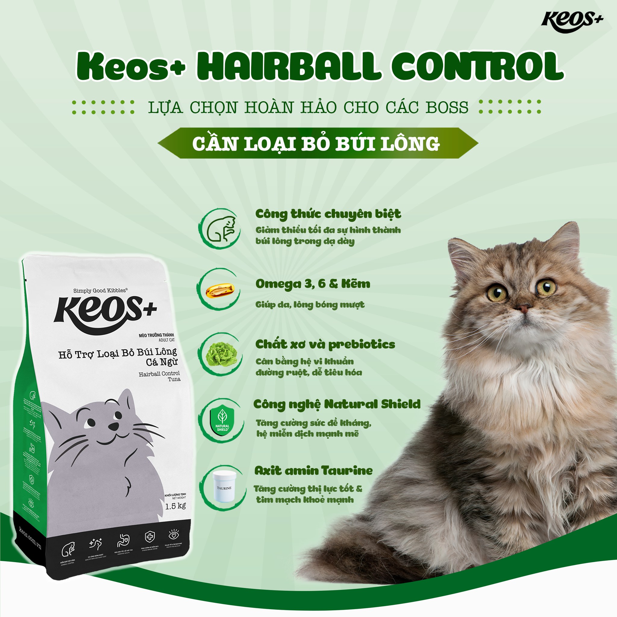 9KG Thức ăn cho mèo trưởng thành Keos Plus hỗ trợ LOẠI BỎ BÚI LÔNG - Vị cá ngừ