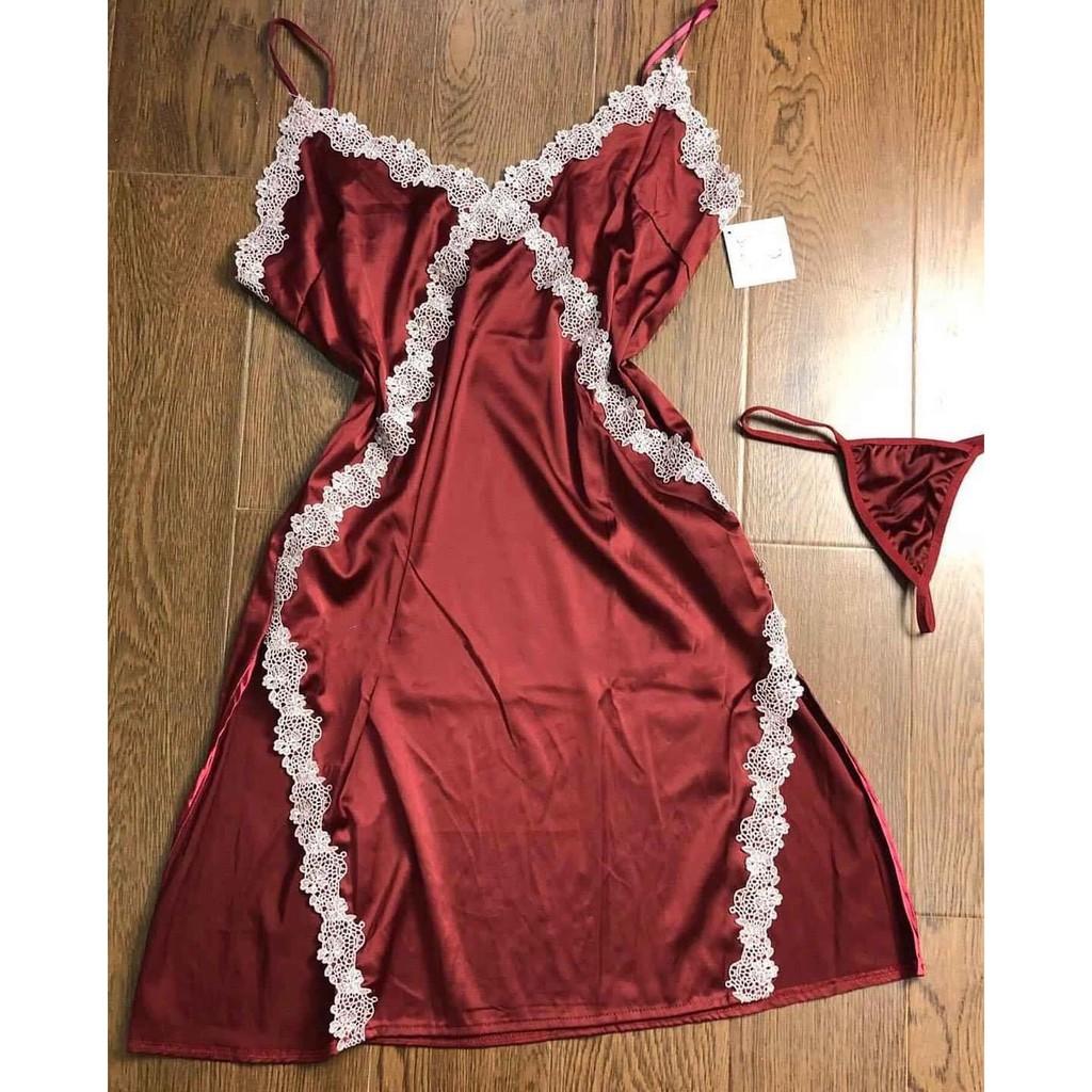 Váy ngủ sexy hai dây phối ren chéo ngực xẻ lai gợi cảm