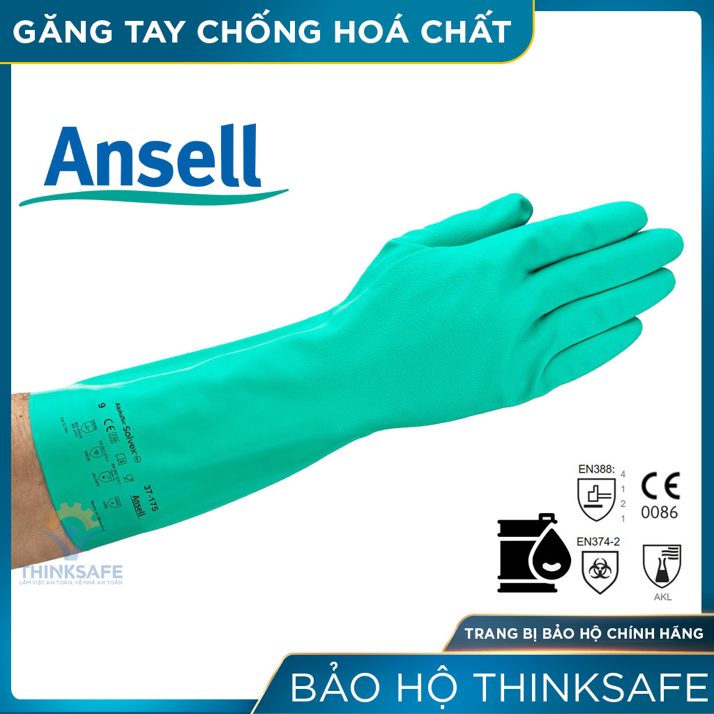 Găng chống hóa chất Ansell 37-175 cấu tạo nitrile chống hóa chất, chống dầu nhớt, có lót thấm hút mồ hôi tốt (xanh lá)