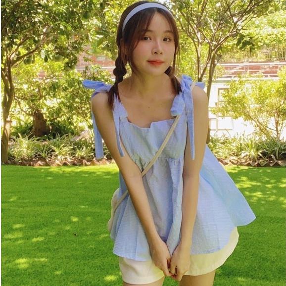 {ẢNH THẬT}Set áo xanh nơ vai kèm kèm quần chun trắng.Set bộ xanh babydoll