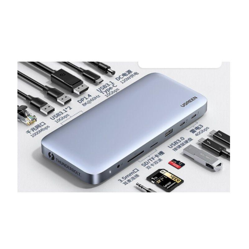 USB bộ chuyển đổi Usb type c 8K 60Hz + 2 cổng Thunderbolt 3 + displayport + 3.5mm + 2 * USB A 3.1 + USB 3.0 + RJ45 Gigabit + SD / TF + usb type c 3.1 + Cổng 120W DC Docking màu xám Ugreen 355Usb80547CM - Hàng chính hãng