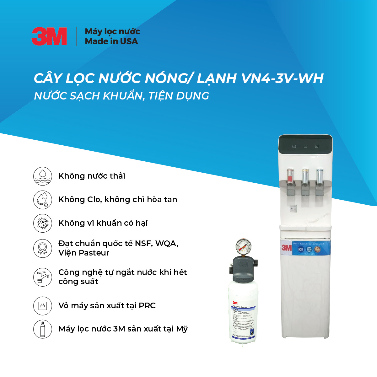 Máy Lọc Nước Nóng Lạnh 3 Vòi 3M VN4-3V Màu Trắng (Sử Dụng Máy 3M ICE140-S) - Hàng Chính Hãng