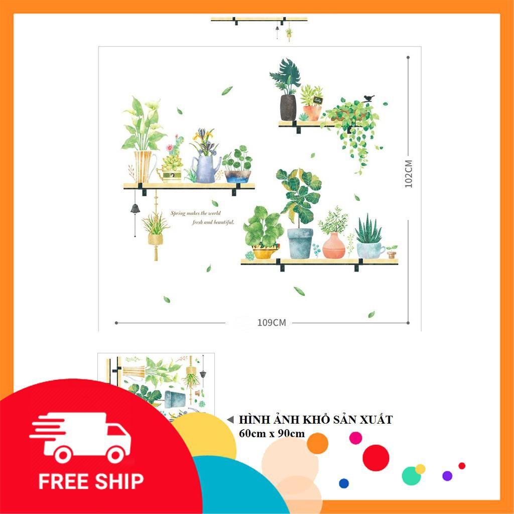 ️️ Decal dán tường 3 tầng chậu cây xanh