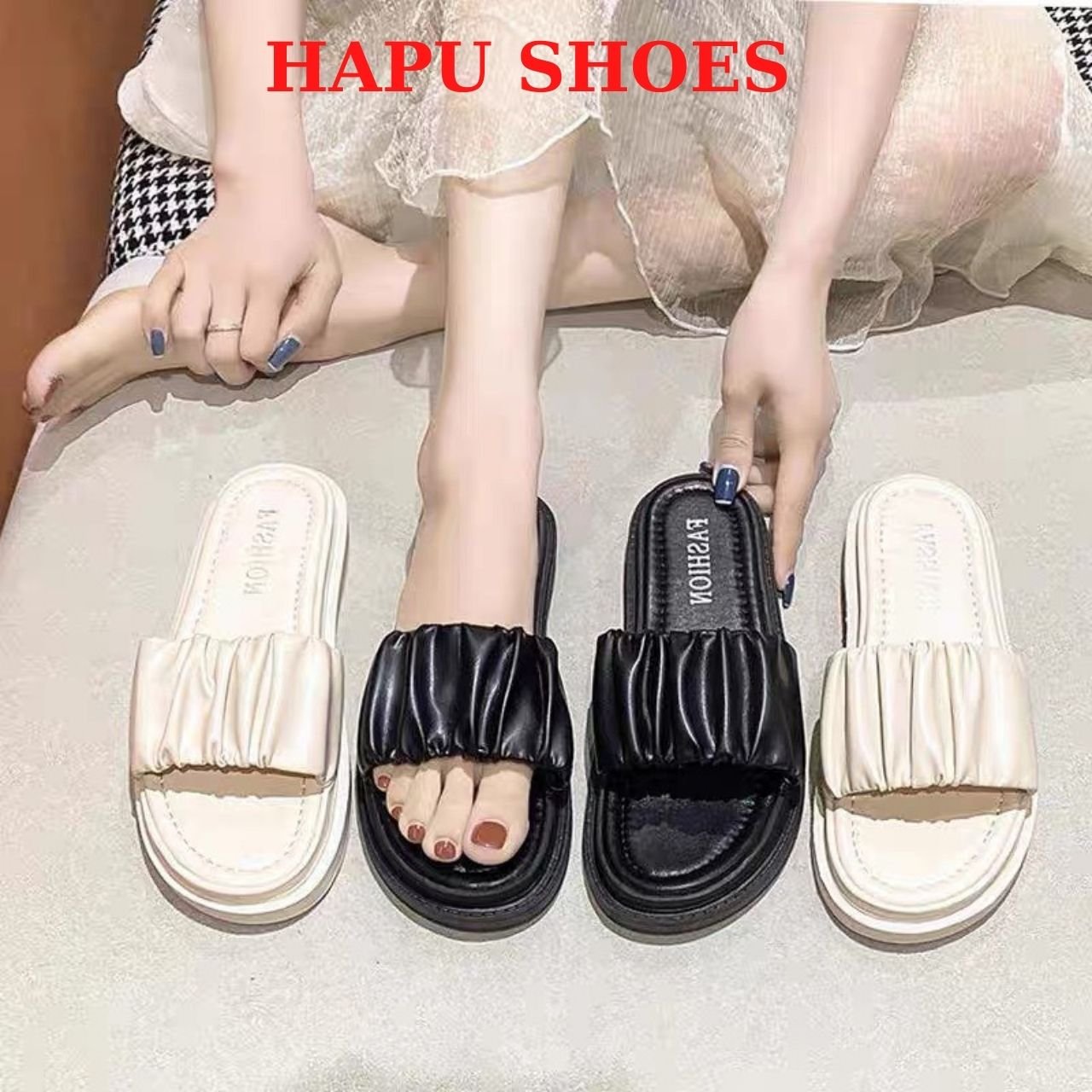 Dép nữ quai ngang da nhăn đế bánh mì siêu nhẹ cao 3cm, Dép thời trang nữ tiểu thư mới