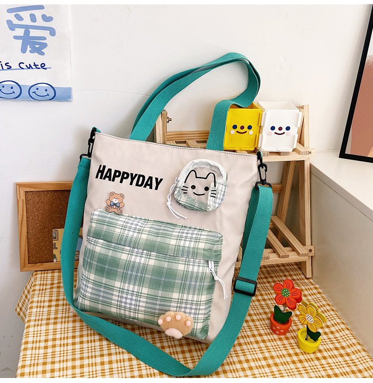 Túi đeo chéo BH Kids, họa tiết Caro HAPPY DAY, vải Canvas, in hình mèo con xinh xắn - CH127