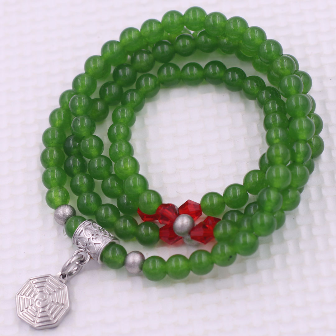 Vòng chuỗi 108 hạt đá thạch anh xanh rêu 6 ly charm bát quái inox - vòng chuỗi niệm Phật, vòng tay chuỗi hạt