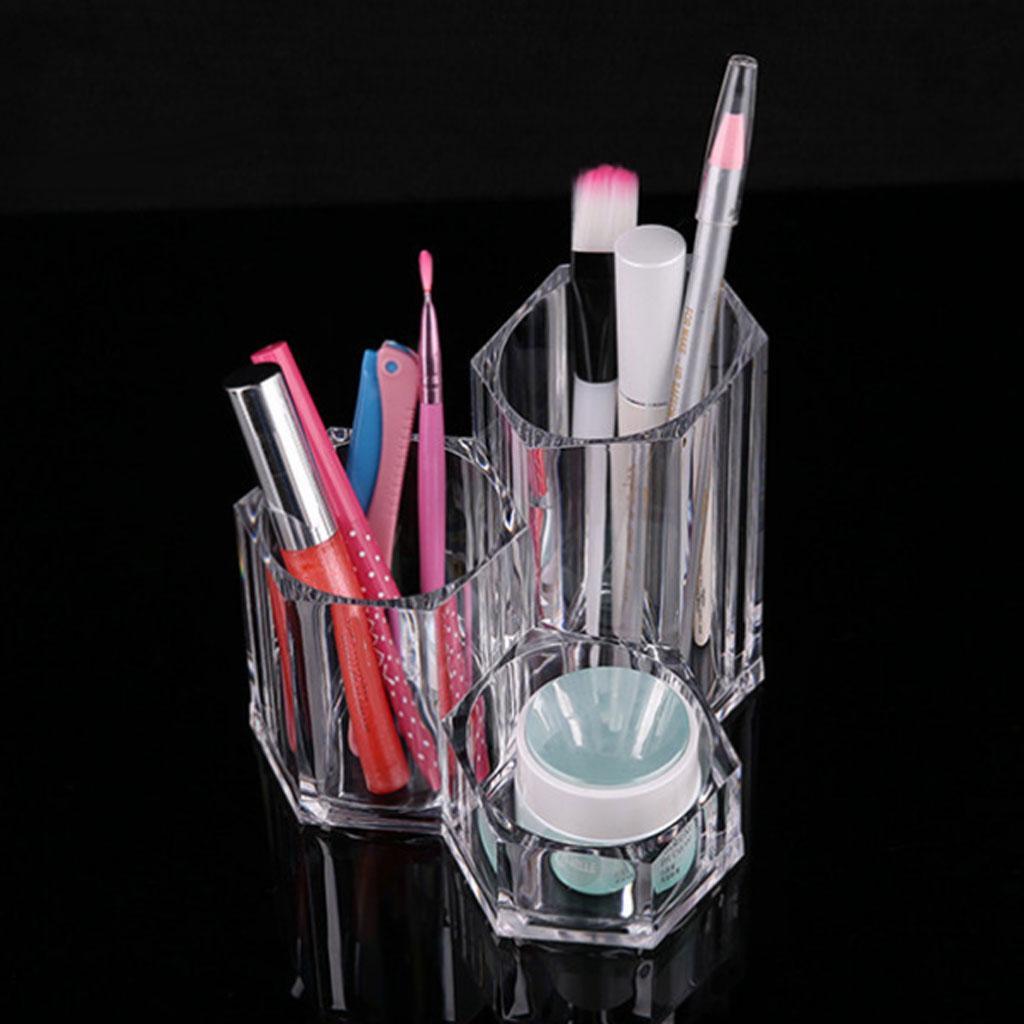 3 Compartments Acrylic Makeup Brush Holder,Cosmetic Storage Box Pen Organizer for Desk Organizing